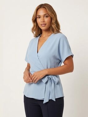 New Look Pale Blue Wrap Tie-Front Short Sleeve Top Size 10